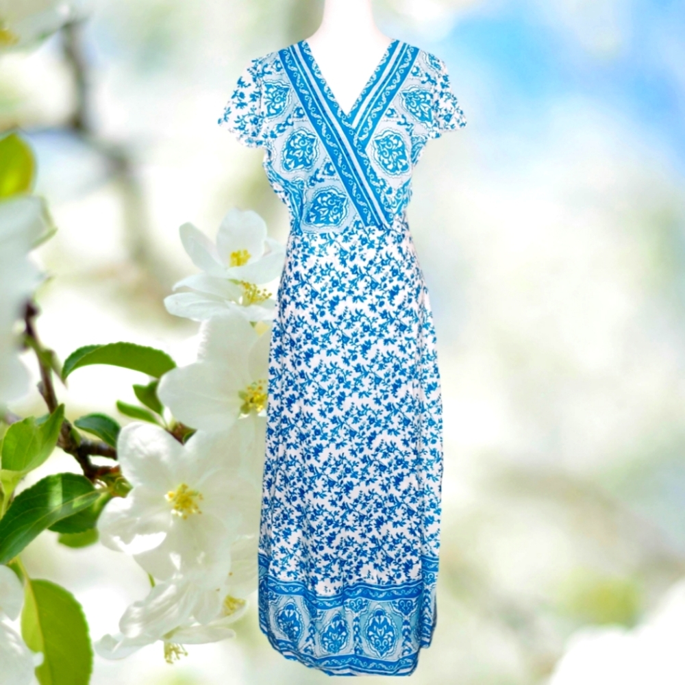Figure Flattering Wrap Around Lightweight Blue & White Flower Print Maxi Dress